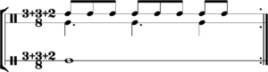 Additive rhythm
8 time. 1 whole note = 8 eighth notes = 3 + 3 + 2. Additive rhythm 3+3+2 over 8.png