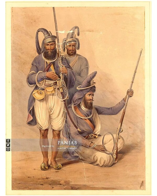 A sketch made in 1844 by Emily Eden of the "Akalees or Immortals". Digitized by the Panjab Digital Library.