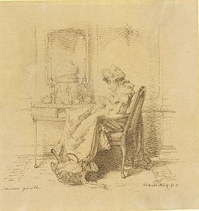 Interieur paisible: Old Woman Knitting 1871. pen and brown ink on paper. 16 × 15.2 cm (6.2 × 5.9 in). Amsterdam, Rijksmuseum Amsterdam.