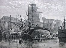 An Old Whaler Hove Down For Repairs, Near New Bedford, a wood engraving drawn by F. S. Cozzens and published in Harper's Weekly, December 1882 An Old Whaler Hove Down For Repairs, Near New Bedford.jpg