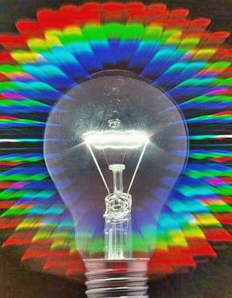 An incandescent light bulb viewed through a diffractive effects filter.