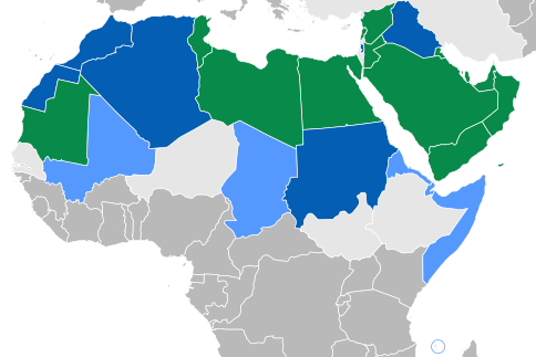 Kraje, w których język arabski jest językiem urzędowym„zielony” — kraje, w których jest jedynym językiem urzędowym,„niebieski” — kraje, w których jest jednym z języków urzędowych
