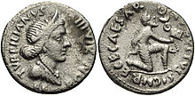 A denarius struck in 19 BC during the reign of Augustus, with the goddess Feronia depicted on the obverse, and on the reverse a Parthian man kneeling in submission while offering the Roman military standards taken at the Battle of Carrhae Augustus Denarius 19 BC 2230399.jpg