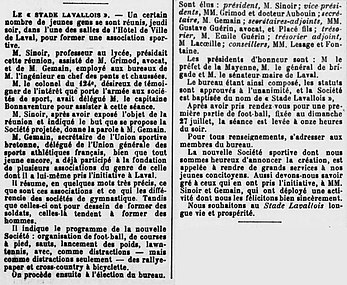 Article de L'Avenir de la Mayenne sur la création du Stade Lavallois, daté du 27 juillet 1902[5].