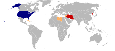 U.S. (dark blue) president Bush's "axis of evil" includes Iran, Iraq, and North Korea (darker red).
"Beyond the Axis of Evil" includes Cuba, Libya, and Syria (orange). Axis of Evil map.svg