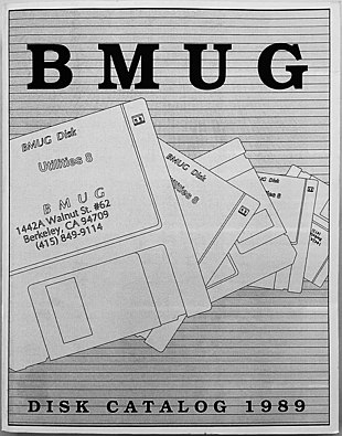 BMUG Disk Catalog 1989, the first known example of direct database-to-negative publishing. Programmer Greg Dow and prepress expert Bill Woodcock published the annual catalog of BMUG's software archive using Nashoba FileMaker output display templates on Macintosh computers to image direct to film from which the plates were burned, on a Linotronic 300 imagesetter. Frontispieces were made in Adobe Illustrator 88 and interleaved in plate compositing. It was set in Adobe Bookman, and printed in grayscale at a 60-line screen for an intentionally minimalist effect. BMUG Disk Catalog 1989.jpg