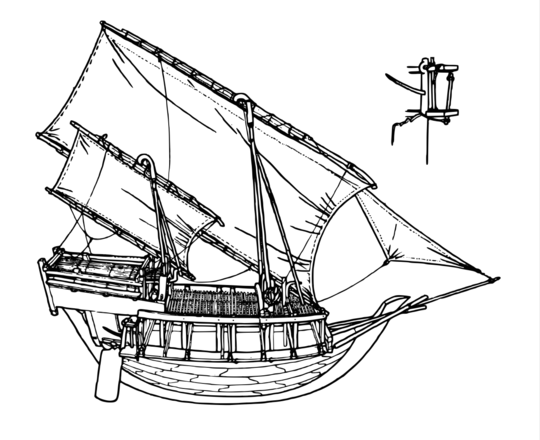 Vector drawing of a banawa of Gowa, Sulawesi island. There is an inset of the rudder mounting. This ship showed a headsail, which is a European influence.