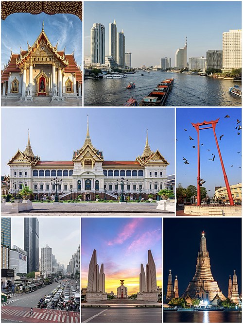 A composite image, consisting of the following, from top to bottom and left to right: a marble temple with gilded decoration and a red multi-levelled roof; a skyline with a few skyscrapers and a river in the middle, where there are a container ship and several ferries on it; a stately building with a Thai-style roof with three spires; a tall red gate-like structure; a skyscrapers-filled skyline with a four lanes road in the middle, there are several cars on it, mostly motorcycles; a monument surrounding by four wing-like structures; four minor Stupas surrounding a major stupa being lit in light yellow manner at night