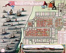 A map of Batavia in 1740. The area of Batavia within the city walls and moat as well as the Sunda Kelapa harbor to the left (north) of the map make up Jakarta Old Town. Batavia, C. de Jonghe (1740).jpg