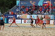 Deutsch: Beachhandball Europameisterschaften 2019 (Beach handball Euro); Tag 6: 7. Juli 2019 – Spiel um Platz Drei, Männer, Ungarn-Russland 2:0 (26:20, 23:22) English: Beach handball Euro; Day 6: 7 July 2019 – Men's Bronze Medal Match – Hungary-Russia 2:0 (26:20, 23:22)