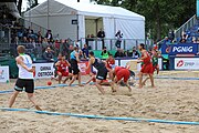 Deutsch: Beachhandball Europameisterschaften 2019 (Beach handball Euro); Tag 6: 7. Juli 2019 – Spiel um Platz Drei, Männer, Ungarn-Russland 2:0 (26:20, 23:22) English: Beach handball Euro; Day 6: 7 July 2019 – Men's Bronze Medal Match – Hungary-Russia 2:0 (26:20, 23:22)