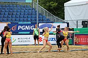 Deutsch: Beachhandball Europameisterschaften 2019 (Beach handball Euro); Tag 5: 6. Juli 2019 – Frauen, Platzierungsspiel für die Ränge 9–12, Deutschland-Polen 2:1 (22:23, 19:16, 7:6) English: Beach handball Euro; Day 5: 6 July 2019 – Placement Match/Cross Match for rank 9–12 Women – Germany-Poland 2:1 (22:23, 19:16, 7:6)