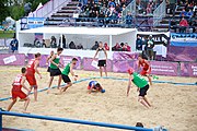 Deutsch: Beachhandball bei den Olympischen Jugendspielen 2018; Tag 5, 10. November 2018; Jungen, Hauptrunde - Ungarn-Portugal 0:2 English: Beach handball at the 2018 Summer Youth Olympics at 11 October 2018 – Boys Main Round – Hungary-Portugal 0:2