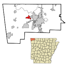 Benton County Arkansas Sisällytetyt ja rekisteröimättömät alueet Centerton Highlighted.svg