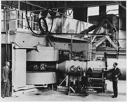 Lawrence's 60 inch cyclotron, with magnet poles 60 inches (5 feet, 1.5 meters) in diameter, at the University of California Lawrence Radiation Laboratory, Berkeley, in August, 1939, the most powerful accelerator in the world at the time. Glenn T. Seaborg and Edwin McMillan (right) used it to discover plutonium, neptunium and many other transuranic elements and isotopes, for which they received the 1951 Nobel Prize in chemistry.
