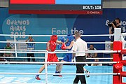 Deutsch: Boxen bei den Olympischen Jugendspielen 2018 Tag 12, 18. Oktober 2018 - Finale Leichtgewicht Mädchen – Oriana Saputo (Argentinien, blau) schlägt Emma Lawson (Australien, rot) 5-0; Ringrichter ist José Romero (Spanien). English: Boxing at the 2018 Summer Youth Olympics on 18 October 2018 – Girls' lightweight Bronze Medal Bout – Oriana Saputo (Argentina, blue) wins over Emma Lawson (Australie, red) 5-0; Referee is José Romero (Spain). Español: Boxeo en los Juegos Olímpicos Juveniles de Verano de 2018 en 18 de octubre de 2018 - Combate de medalla de bronce de las niñas: Oriana Saputo (Argentina, azul) gana a Emma Lawson (Australie, roja) 5-0; Árbitro es José Romero (España).