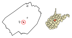 Location of Sutton in Braxton County, West Virginia.
