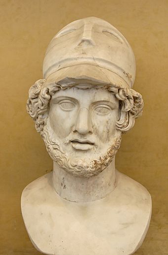 Marble bust of Pericles with a Corinthian helmet, Roman copy of a Greek original, Museo Chiaramonti, Vatican Museums; Pericles was a key populist political figure in the development of the radical Athenian democracy.[66]