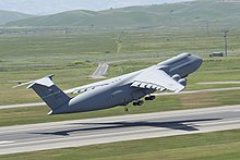 A C-5 Galaxy takes off from Travis AFB during the Thunder Over Solano Air Show in May 2014.