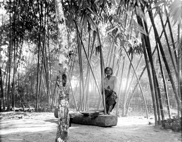 Seorang wanita menumbuk beras di sebuah desa dekat Bandung (foto diambil tahun 1908)