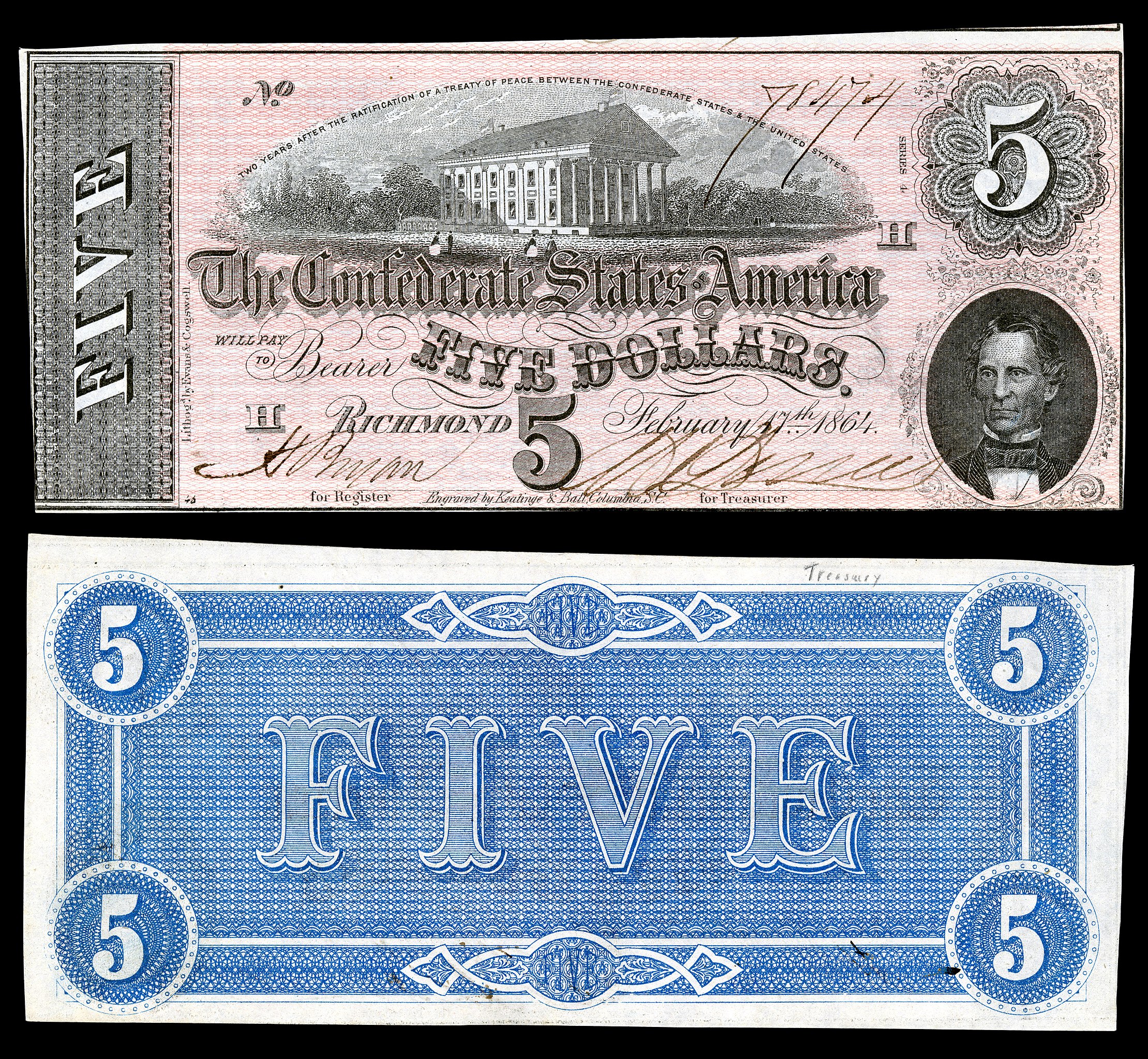 1864 Confederate States 5 dollar Note