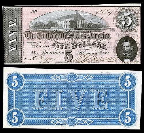 Virginia State Capitol depicted on an 1864 Confederate $5 banknote