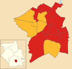 Map of the results of the 2018 Cambridge City Council election. Labour in red and Liberal Democrats in yellow. Cambridge UK local election 2018 map.svg