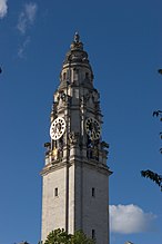 Clock tower of Cardiff City Hall Cardiff tower.jpg