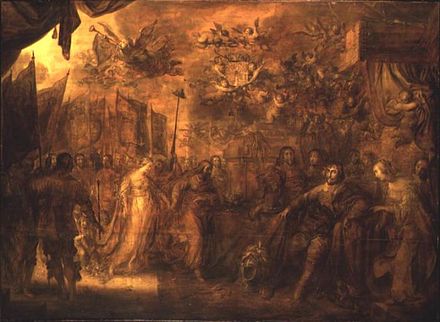Christian IV receives homage from the countries of Europe as mediator in the Thirty Years' War.Grisaille by Adrian van de Venne, 1643.