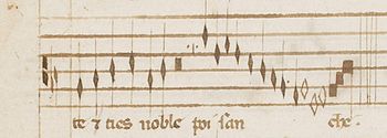 partitura scrisă de mână care prezintă tulpinile duble cunoscute sub numele de dragma (extras din Codex Reina
