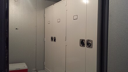 An example of storage cabinets within a large walk-in freezer for cold storage of celluloid film.