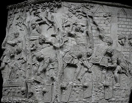 Relief scene of Roman legionaries building a road, from Trajan's Column, Museum of Roman Civilization, Rome