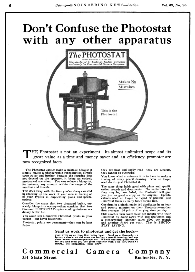 1913 advertisement for the photostat machine