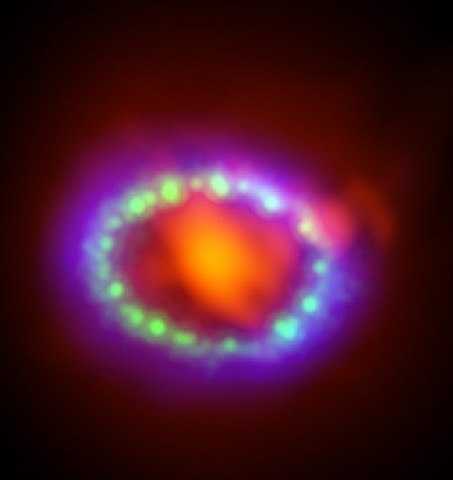 Composite image of the Supernova 1987A remnant seen in different wavelengthsCredit: ALMA (ESO/NAOJ/NRAO)/A. Angelich. Visible light: NASA/ESA Hubble, X-Ray: NASA Chandra 453px-Composite_image_of_Supernova_1987A.jpg