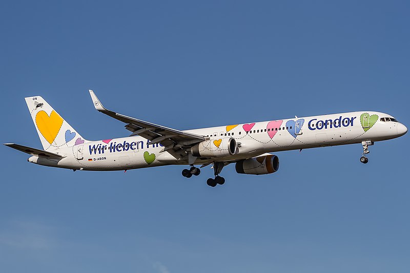 File:D-ABON Condor Boeing 757-330(WL) with "Wir lieben Fliegen" livery coming in from Palma Mallorca @ Frankfurt Rhein-Main International.jpg