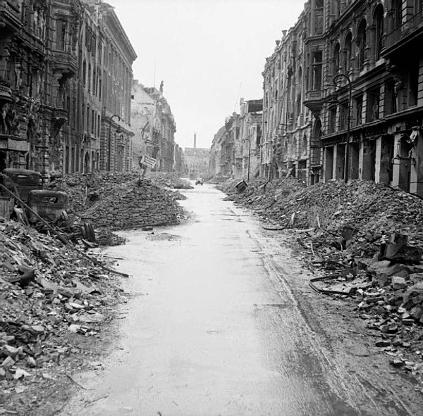 A devastated street in the city centre, 3 July 1945