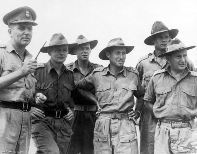 Brigadier Ivan Dougherty (left), 21st Brigade commander, with his battalion commanders. Lieutenant Colonel Philip Rhoden of the 2/14th is fourth from 