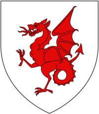 Arms of Drake of Ash: Argent, a wyvern wings displayed and tail nowed gules. Drake (ofAsh) Arms.png