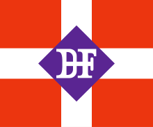 Dessin en couleurs d'un drapeau à fond rouge divisé en quatre par une croix blanche avec au centre les initiales « D F».