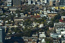 The viaduct across Woolloomooloo Eastern suburbs rail line, from Sydney Tower.jpg