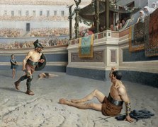 Eugenio Zampighi, Un gladiatore reziario ferito nell'anfiteatro Flavio di Roma, olio su tela, 1880.TIF