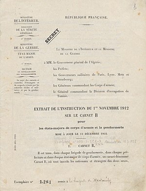 Excerpt from instructions on Carnet B for army corps staffs and the police, drawn up jointly by the Ministries of the Interior and of War, November 1912. National Archives of France. Extrait de l'instruction sur le carnet B pour les etats-majors de corps d'armee et la gendarmerie - Archives Nationales - 19940500-68 d.1328 - (1).jpg