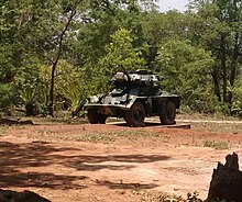 A Malawian Fox armoured car at the MDF Museum in Zomba. FV721 Fox armoured reconnaissance vehicle, MDF Museum, Zomba.jpg