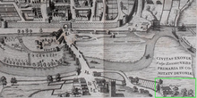 Floyer Hayes shown (bottom right) on 1617 map of the City of Exeter in the 6th volume of Civitates Orbis Terrarum by Georg Braun (1541-1622). St Thomas's Church at left (west) FloyerHayes LysonsMagnaBritannia MapOfExeter..png