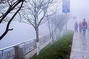 Scene showing fog over a river with people walking on a pathway beside it