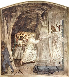 Before his Resurrection, Jesus grants salvation to souls by the Harrowing of Hell. Fresco, by Fra Angelico Fra Angelico 024.jpg