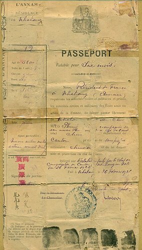 Passport issued by the Protectorate of Annam, French Indochina to a Chinese national (1925).