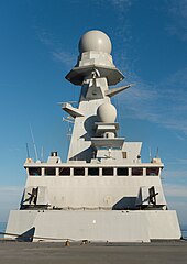 EMPAR on top of the mast of the French frigate Chevalier Paul, seen from the bow of the ship. French Navy ship Chevalier Paul.jpg