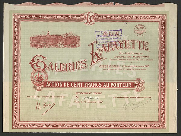 Share of the Galeries Lafayette S. A., issued 15 December 1922