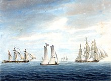 Cleopatra towing Thetis towards the Chesapeake on 31 December 1794 George Tobin - The Cleopatra towing the Thetis towards the Chesapeake.jpg